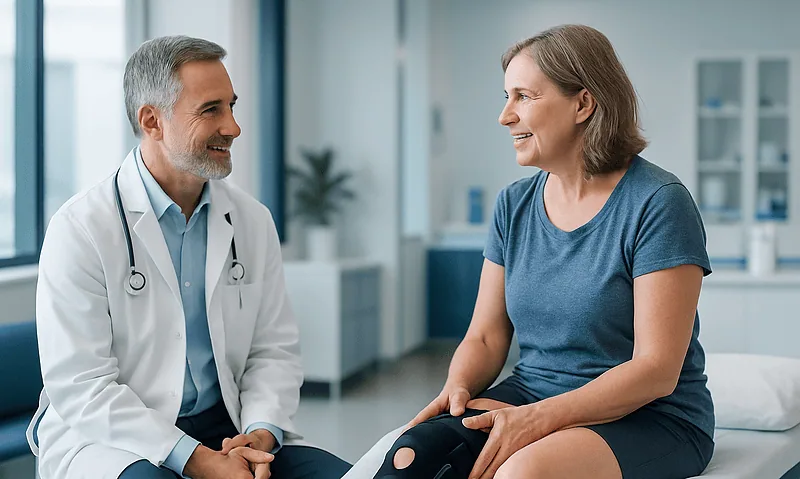 Doctor consulting with a female patient in a modern hospital room.