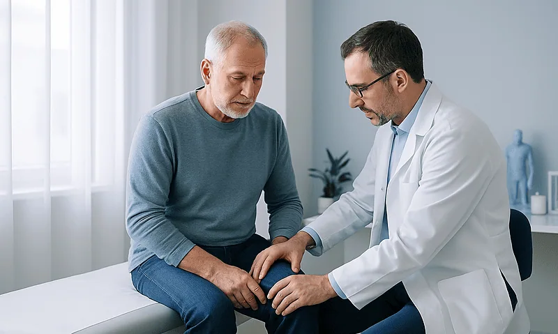 Doctor examining an elderly man's knee in a medical consultation room.