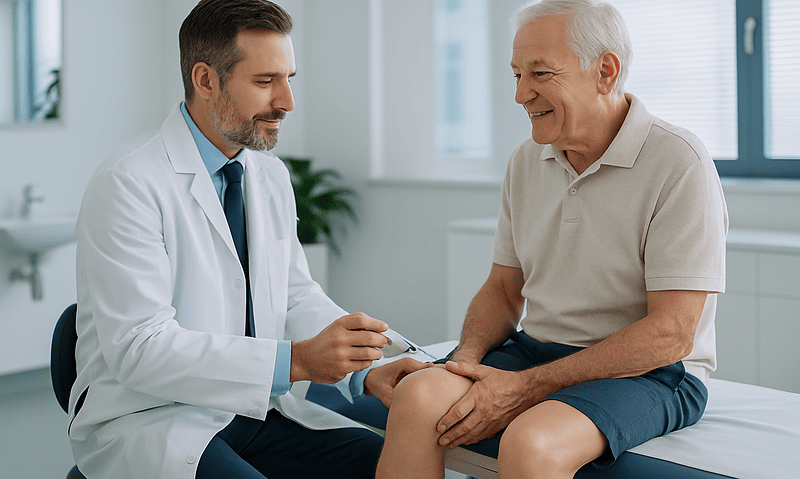 Doctor examining senior patient's knee in a medical consultation room.