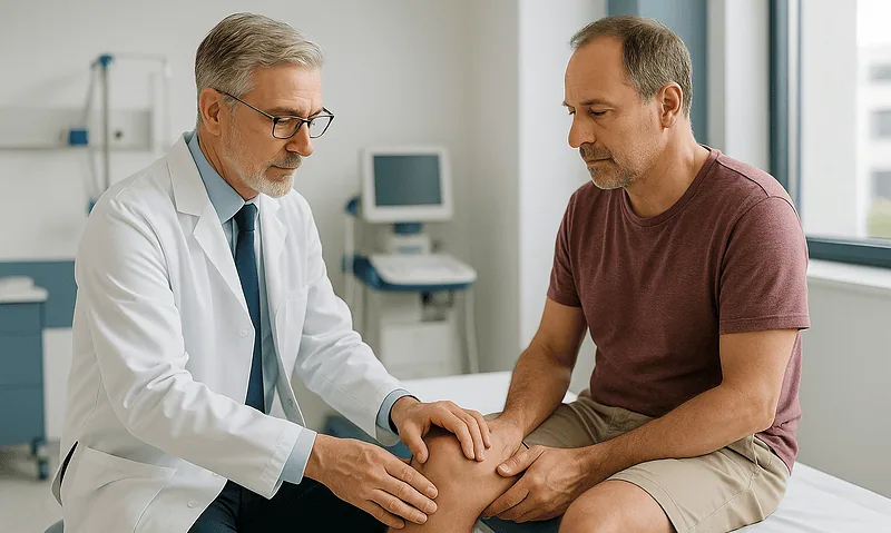 Doctor examining patient's knee for osteoarthritis symptoms.