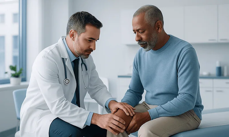 Doctor examining patient's knee in a medical consultation room.