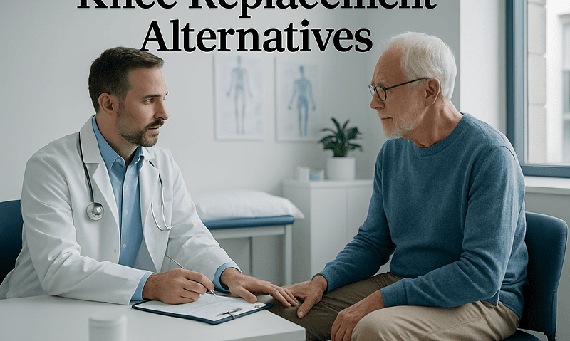 Doctor consulting with elderly patient about knee health and treatment options.