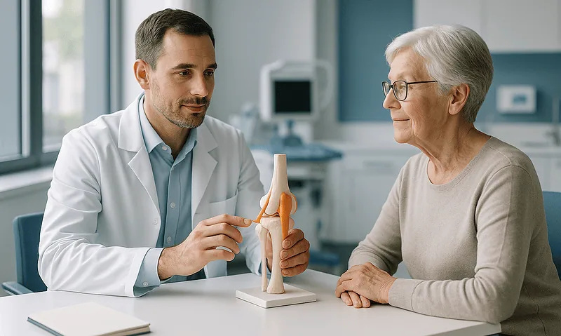 Doctor explaining knee joint model to elderly patient in clinic.