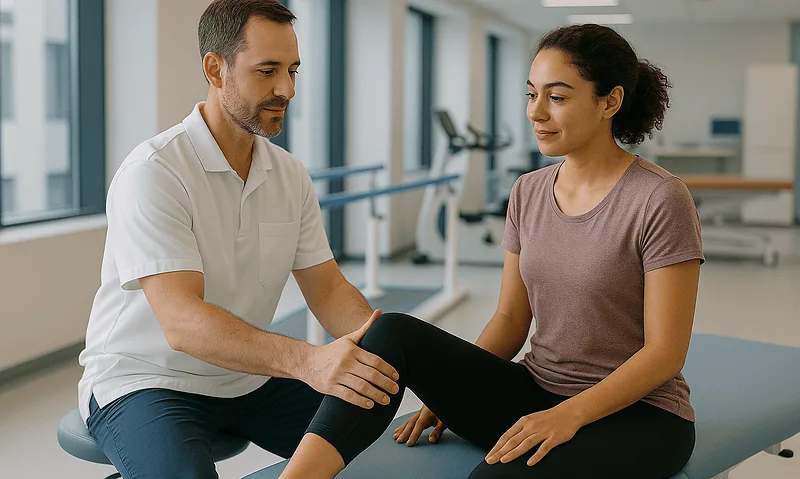 Physiotherapist examining a patient's knee in a modern clinic setting.