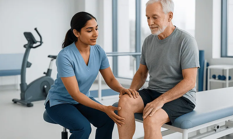 Physical therapist assisting elderly man with knee exercise in clinic.