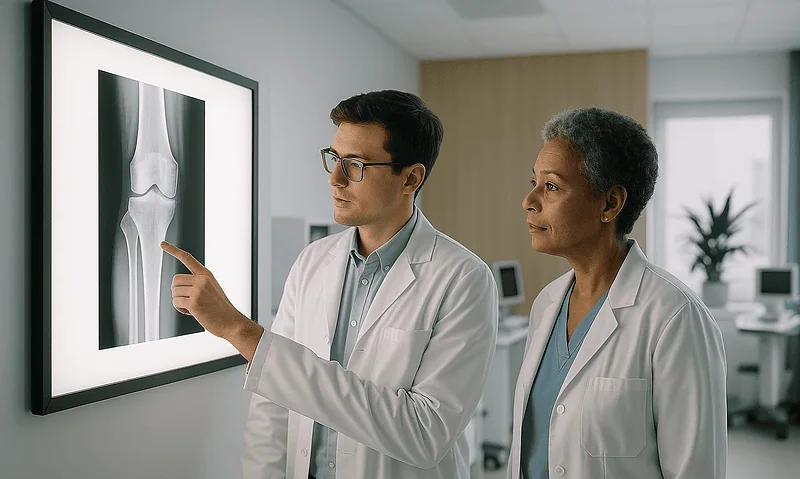 Doctors examining a knee X-ray in a hospital setting.