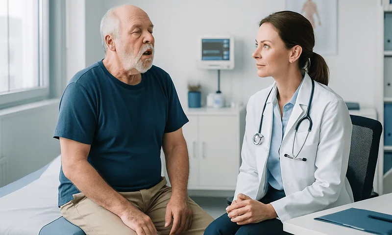 Doctor consulting with elderly patient in hospital room.