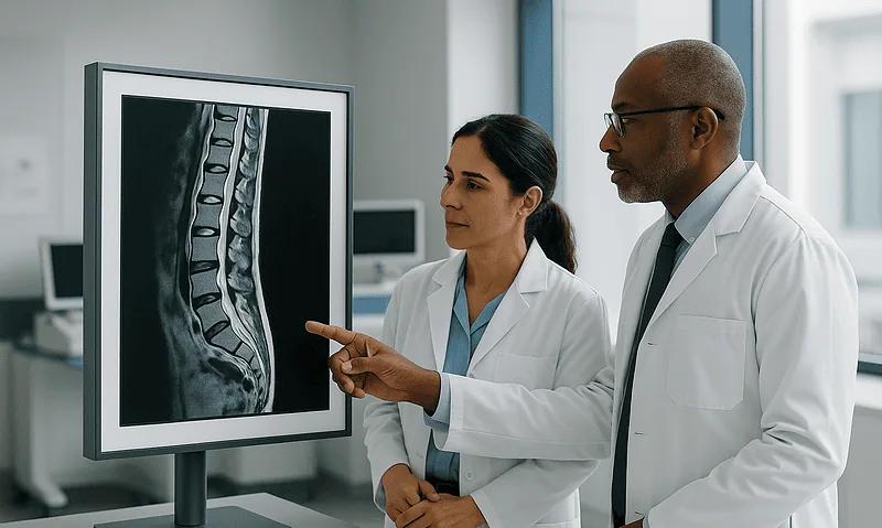 Doctors examining spinal MRI scan in a medical office.