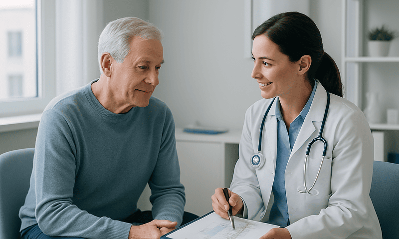 Doctor consulting with elderly patient about spinal fracture treatment options.