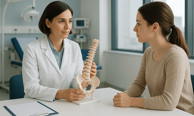 Doctor explaining spinal anatomy to patient in a medical consultation.