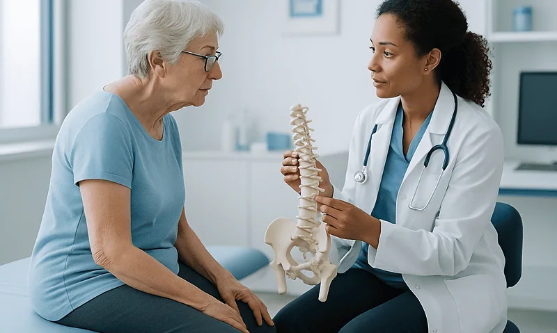 Doctor explaining spinal anatomy to elderly woman in a medical consultation.