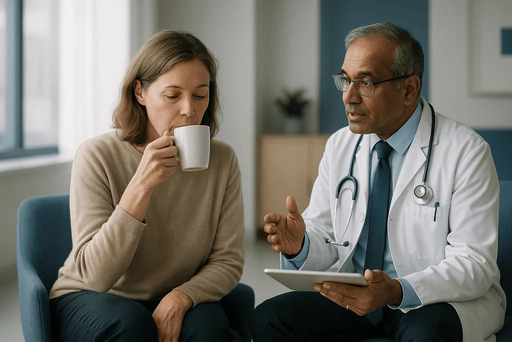 Doctor consulting patient with tablet in clinic: L-theanine and caffeine: why the pairing became famous