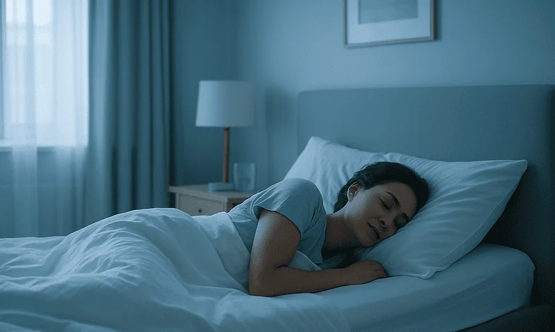 Young woman sleeping peacefully in a modern bedroom with blue tones.