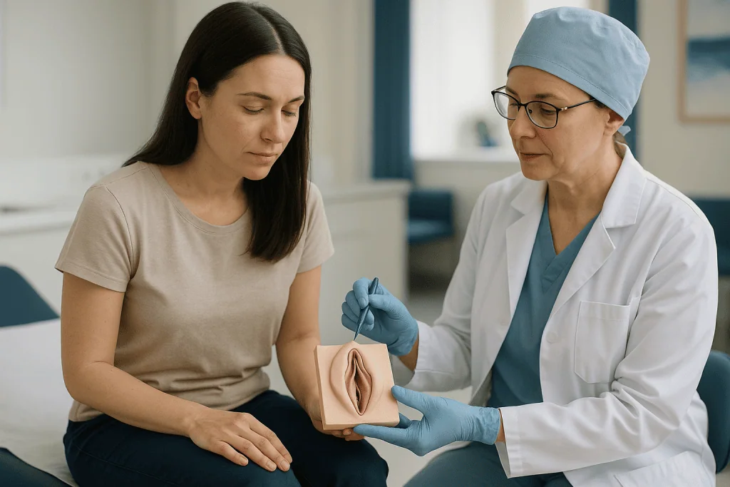 Gynecologist examining anatomical model with patient: Labia minora, labia majora and clitoral hood: what the surgeon is work