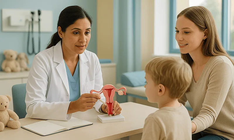 Pediatric gynecologist explaining labial adhesions to a mother and child.