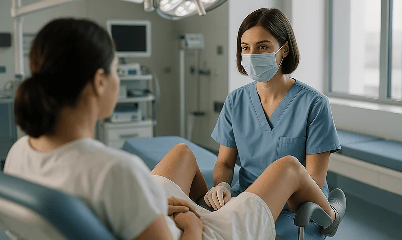 Doctor consulting with patient in a hospital room during a medical examination.