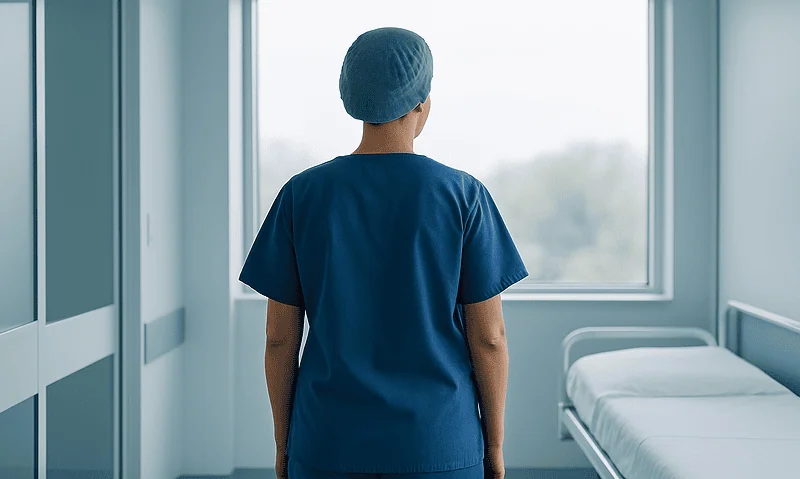 Healthcare professional in scrubs looking out hospital window.