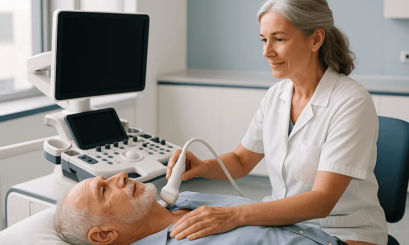 Doctor performing an ultrasound exam on an elderly patient in a medical clinic.