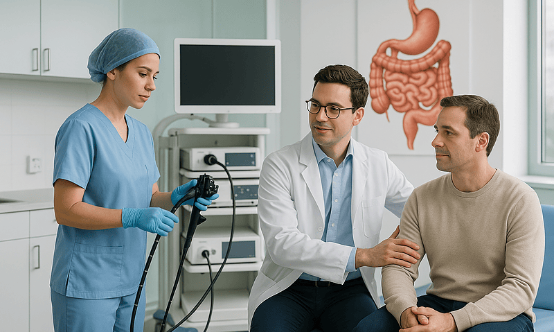Gastroenterologist consulting with patient about digestive health in hospital.