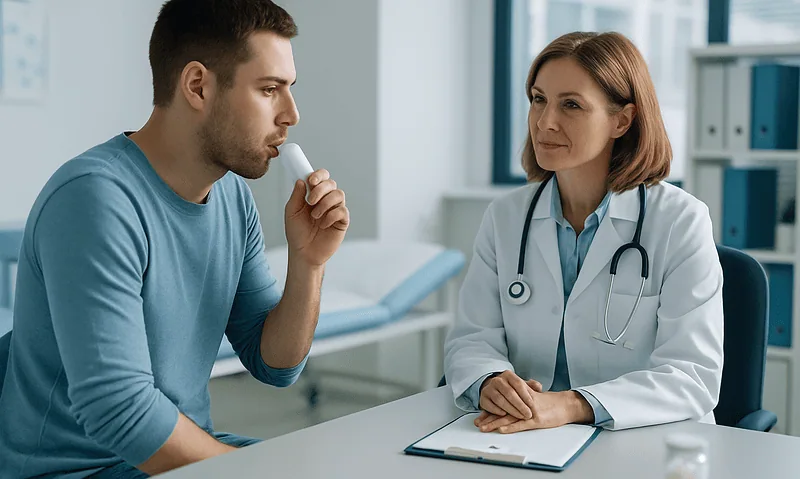 Doctor explains hydrogen breath test to patient in clinic setting.