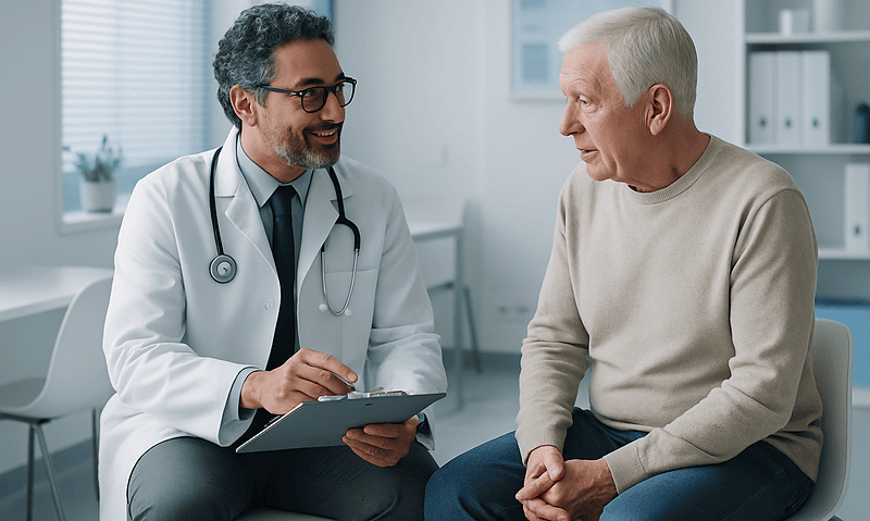 Doctor consulting with elderly patient in a modern clinic setting.