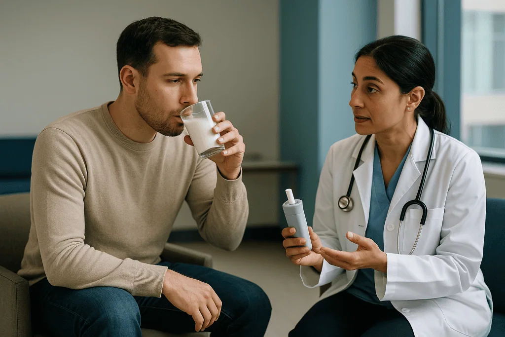 Doctor consulting patient about dietary condition with inhaler: Lactose intolerance test: how the hydrogen breath test and e
