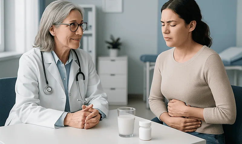 Doctor consulting with a patient about lactose intolerance or milk allergy.