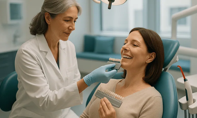 Dentist showing dental veneer options to a patient in a clinic.