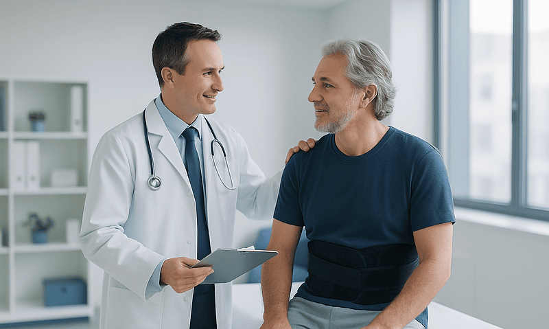 Doctor consulting with a patient after spinal decompression surgery.
