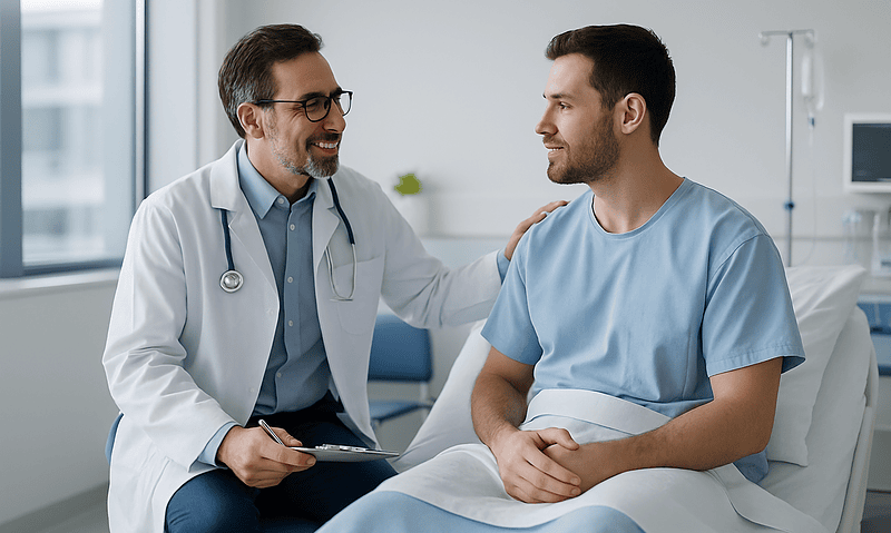 Doctor consulting with a patient in a hospital room.