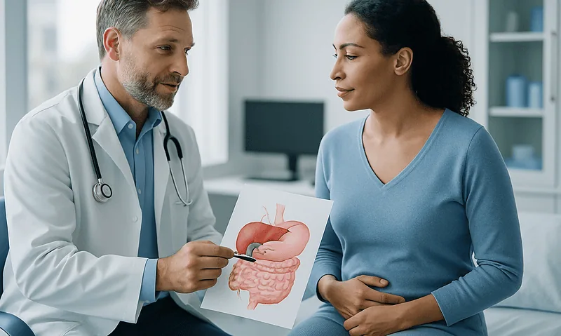 Doctor explaining gallbladder anatomy to patient in clinic.