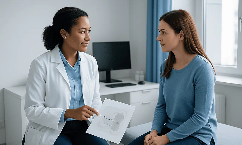 Doctor explaining ovarian cyst removal procedure to patient in consultation room.