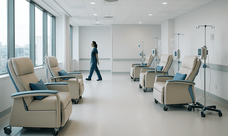 Modern hospital dialysis treatment room with chairs and dialysis machines.