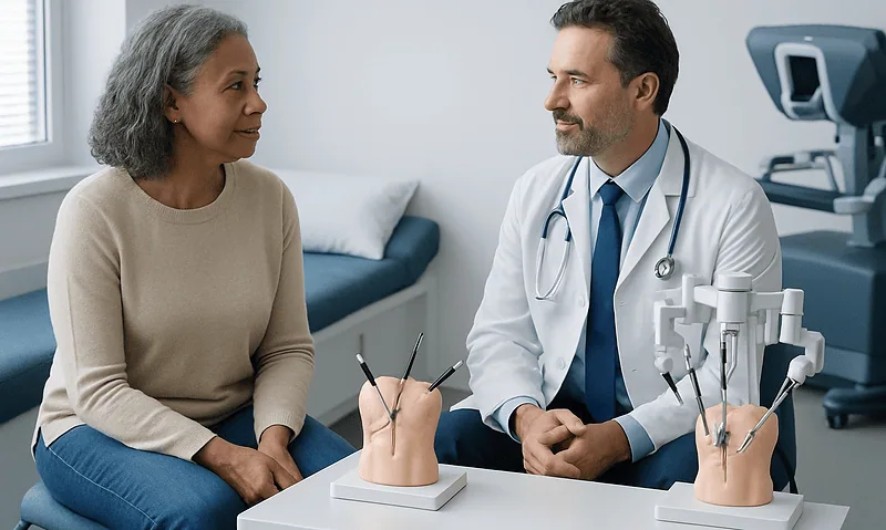 Doctor explaining minimally invasive surgery options to a patient.