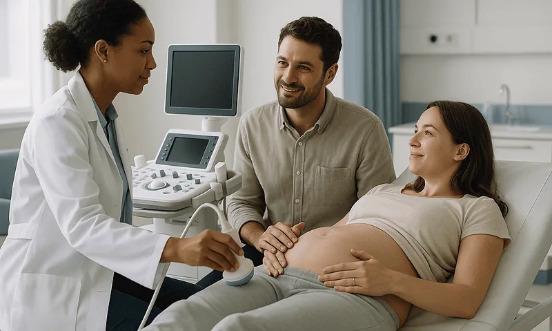Pregnant woman at hospital during ultrasound examination with doctor and partner.