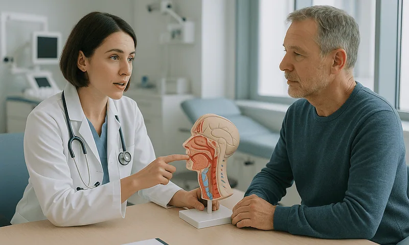 Doctor explaining laryngeal anatomy to patient in a medical consultation.