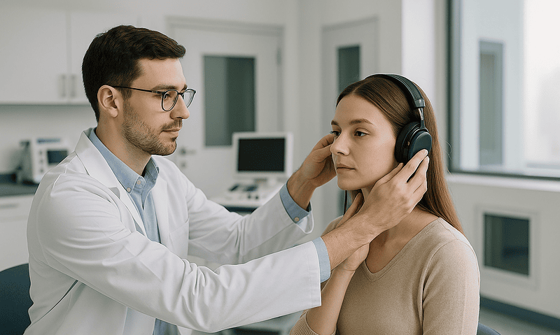 ENT specialist examines patient with stethoscope in a clinical setting.