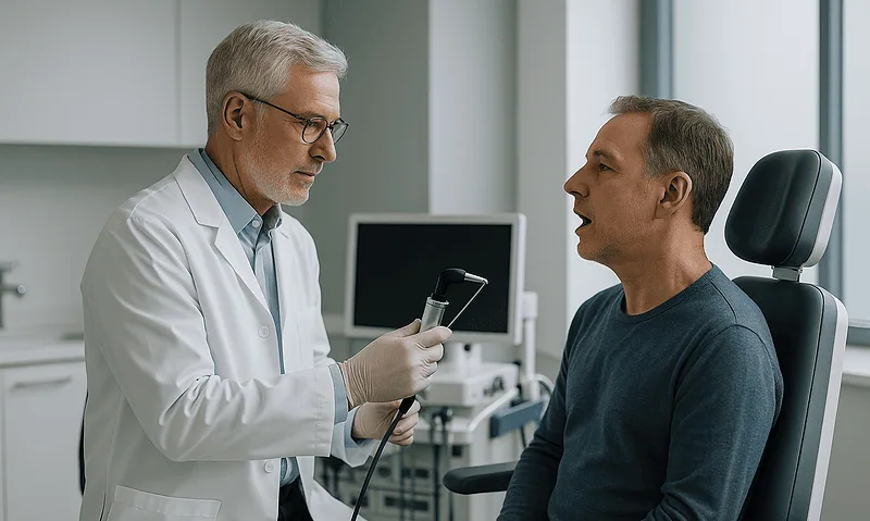 Doctor examining a patient with a laryngoscope in a medical clinic.
