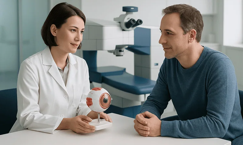 Ophthalmologist explaining eye anatomy to patient in clinic.
