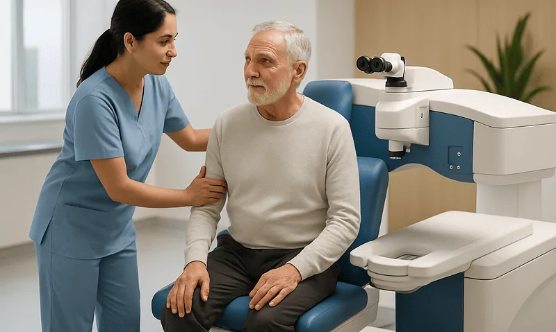 Ophthalmologist consulting elderly patient in modern clinic setting.