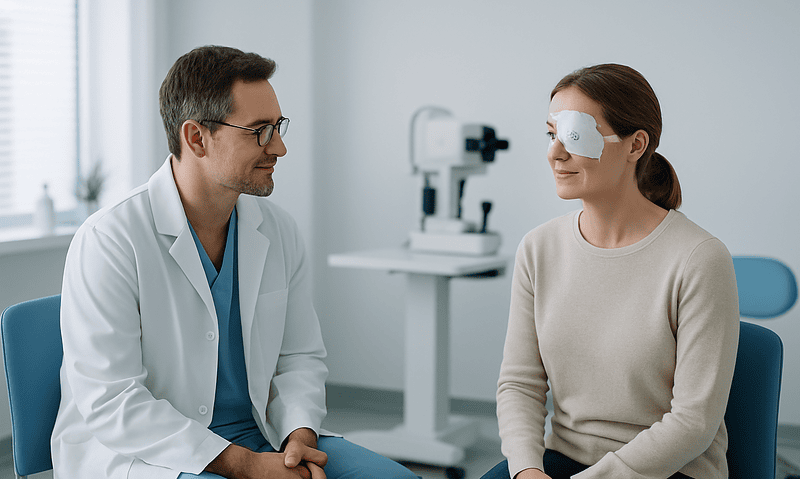 Ophthalmologist consulting with patient wearing eye patch after eye surgery.
