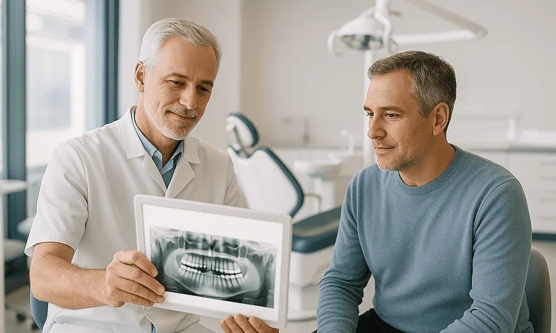 Dentist showing dental X-ray to patient in a clinic setting.