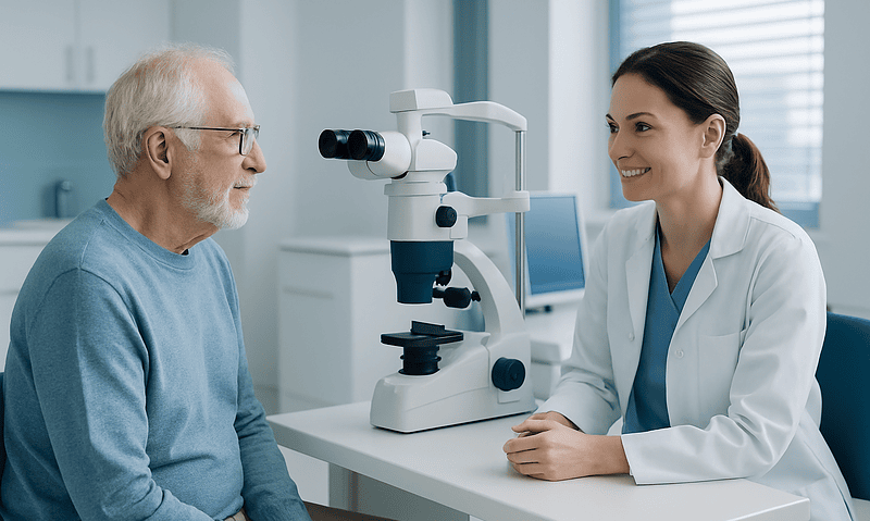 Ophthalmologist explains eye health to elderly patient using a microscope.