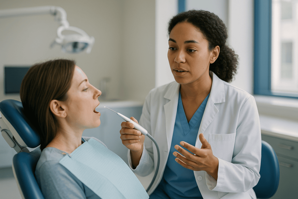Dentist examining patient's open mouth in dental clinic: Laser cavity removal: what the evidence really shows
