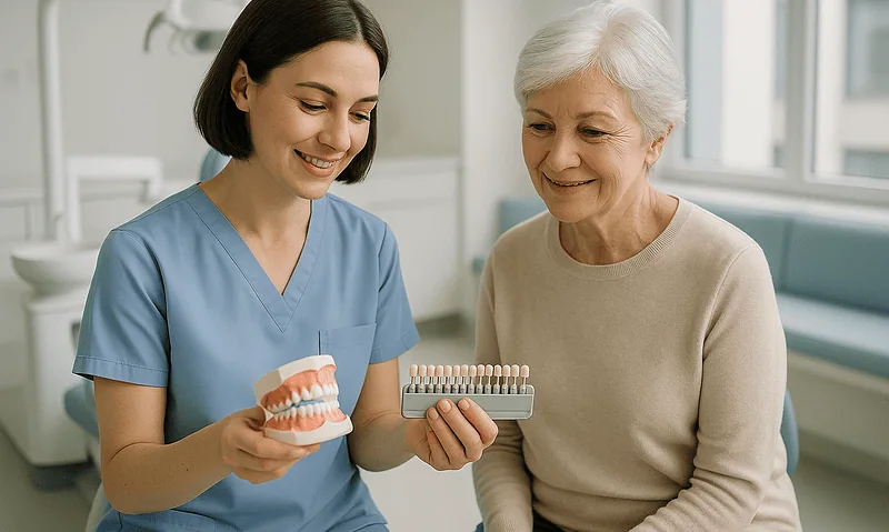 Dentist explaining dental implants to an elderly patient in a clinic.