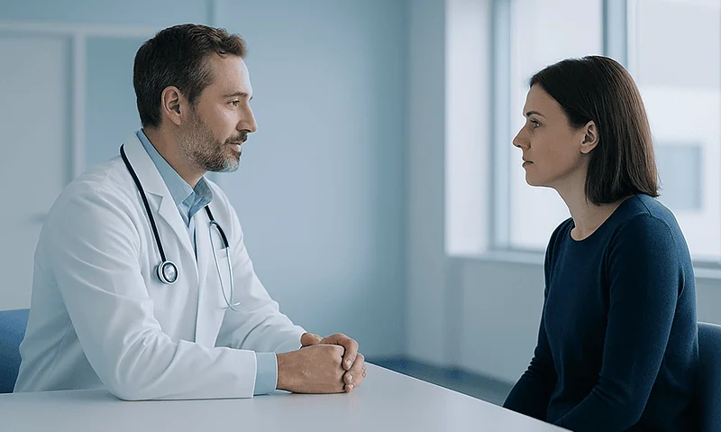 Doctor consulting with a female patient in a modern clinic setting.