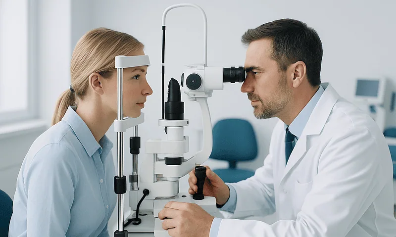 Ophthalmologist performing eye examination with slit lamp at Acibadem Hospital.