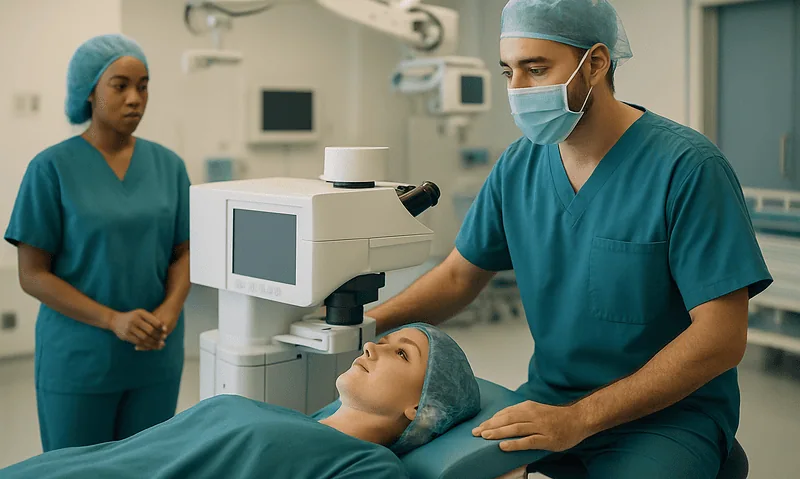 Surgeon performing laser eye surgery in a modern hospital operating room.