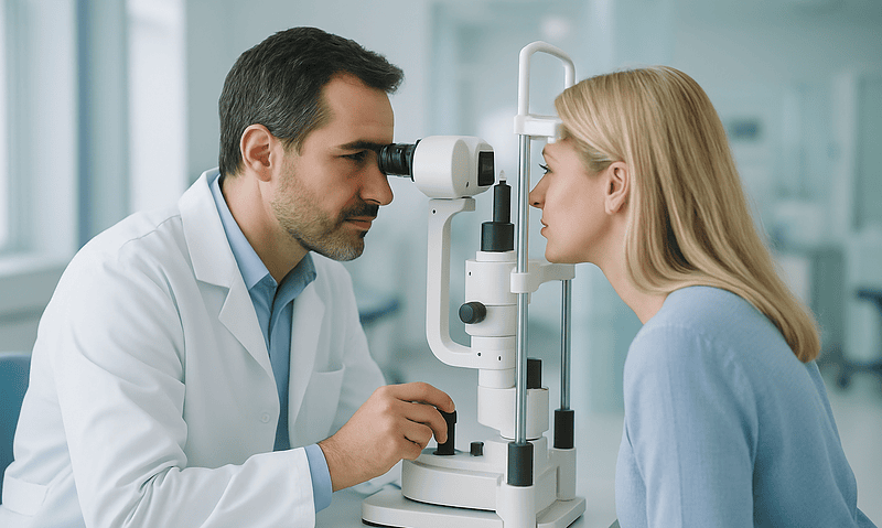 Optometrist examining a patient's eyes with a slit lamp in a clinical setting.