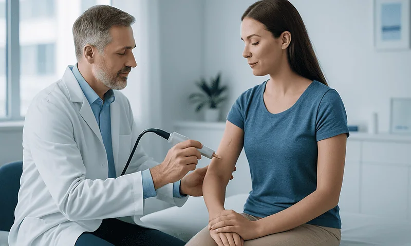 Doctor examining patient's arm for scar treatment options at Acibadem Hospital.